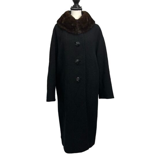 Vintage Lady Lambrell Black Wool Coat with Faux Fur Collar - Size M/L - Picture 1 of 12